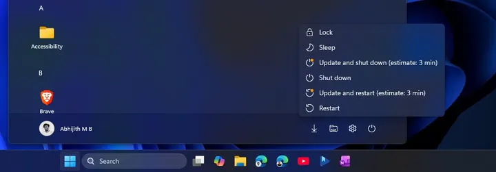 New update and shutdown options in Windows 11